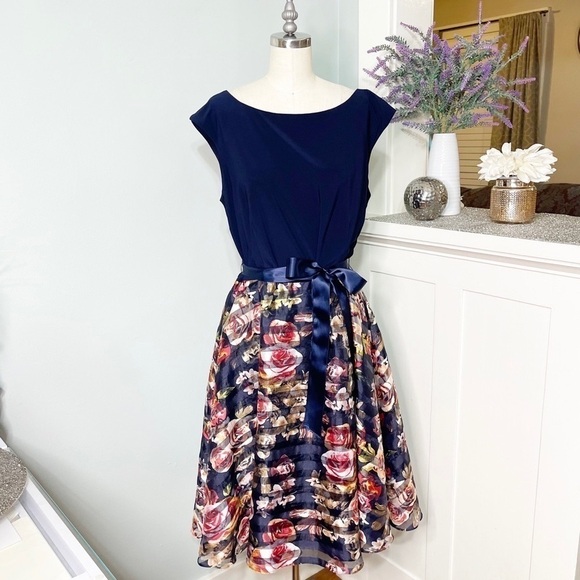 SLNY Navy Blue Floral Fit & Flare Dress Tulle Skirt Mesh Striped 14 Large - Picture 11 of 11